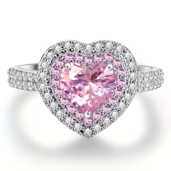 🆕 Beautiful Pink Moissanite and Silver Heart Crystal Ring - SIZE 7 - Picture 4 of 15